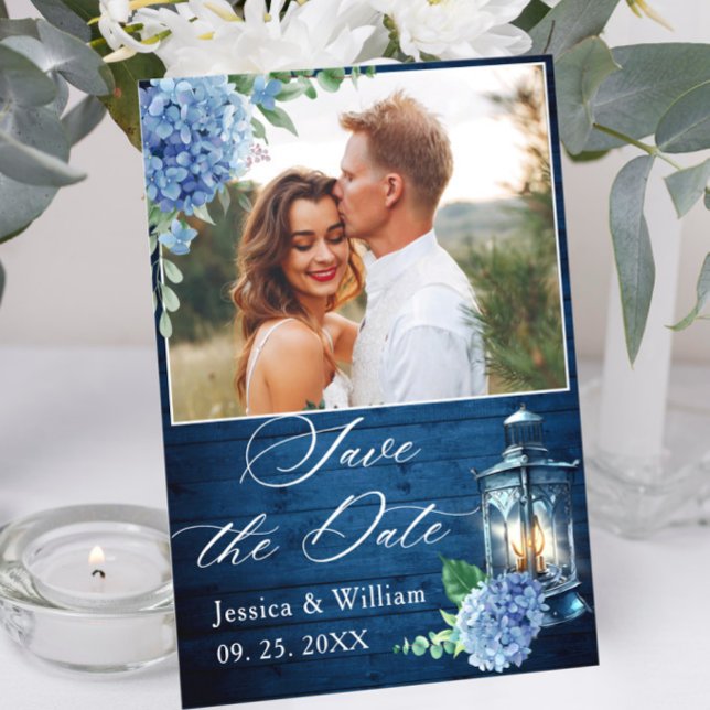 Blue Hydrangea Navy Wood Lantern Photo Wedding Save The Date (Creator Uploaded)