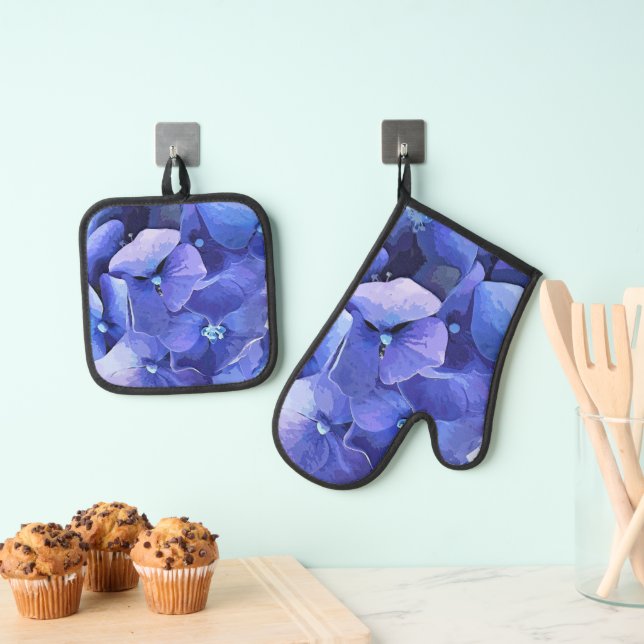 BLUE HYDRANGEA  OVEN MITT & POT HOLDER SET (Insitu(Hanging))