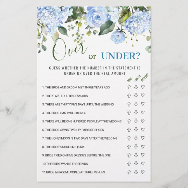 Blue Hydrangea Over Or Under Bridal Shower Game (Front)