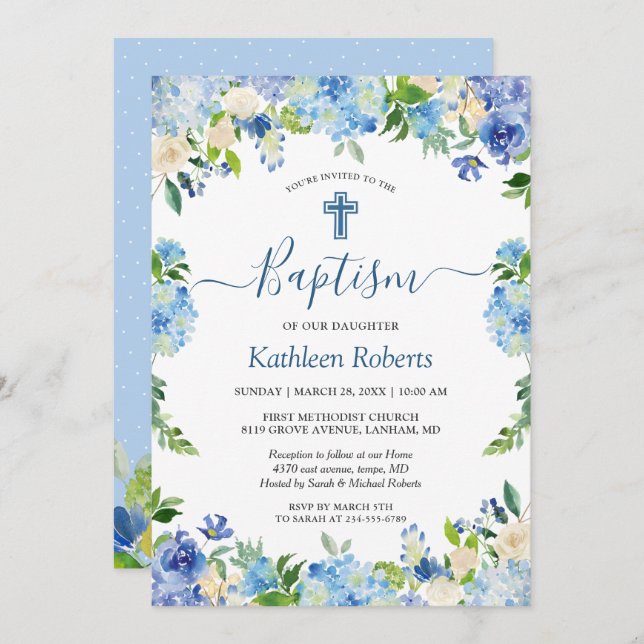 Blue Hydrangea Pastel Floral Baptism Christening Invitation (Front/Back)