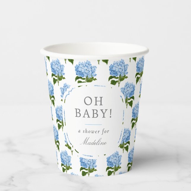 Blue Hydrangea Pattern Oh Baby Boy Shower Paper Cups (Front)