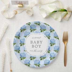 Blue Hydrangea Pattern Sweet Baby Boy Paper Plate