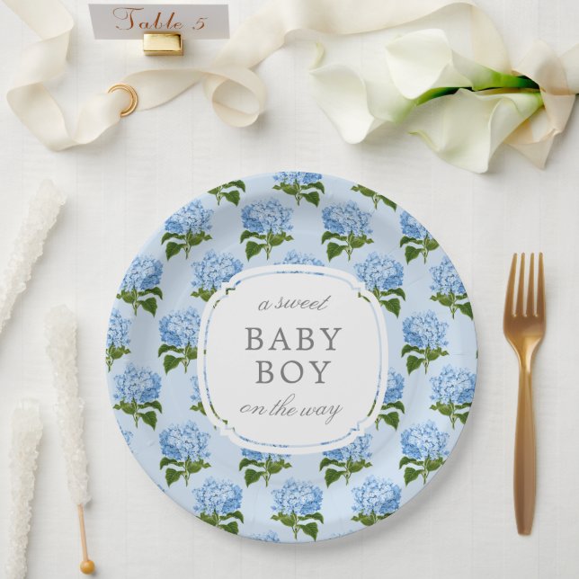Blue Hydrangea Pattern Sweet Baby Boy Paper Plate (Wedding)