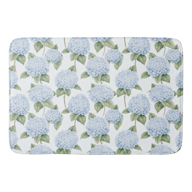 Blue Hydrangea Pattern Watercolor Floral Botanical Bath Mat (Front)