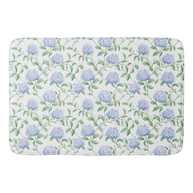 Blue Hydrangea Pattern Watercolor Floral Botanical Bath Mat (Front)