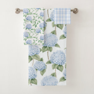 Blue Hydrangea Pattern Watercolor Floral Botanical Bath Towel Set