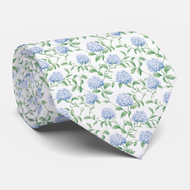 Blue Hydrangea Pattern Watercolor Floral Botanical Tie (Rolled)