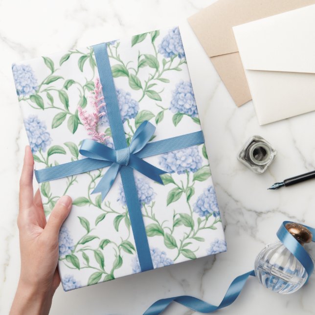 Blue Hydrangea Pattern Watercolor Floral Botanical Wrapping Paper (Gifting)