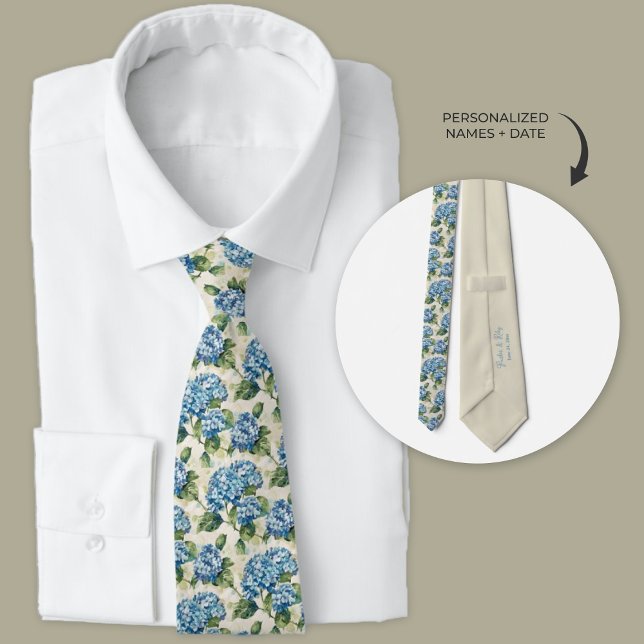 Blue Hydrangea Personalised Watercolor Tie (Blue hydrangea wedding necktie)