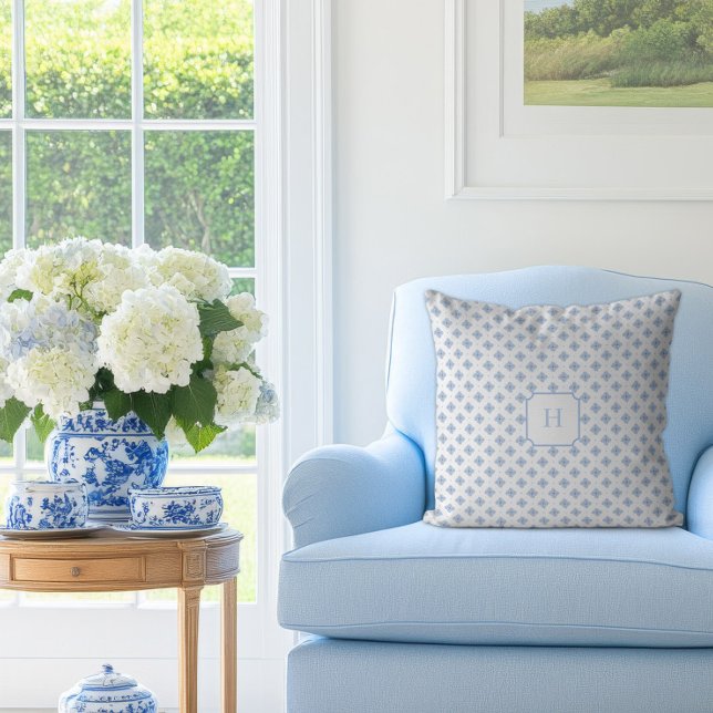 Blue Hydrangea Petal Monogram   Cushion (Hydrangea Petal Blue Monogram Pillow)
