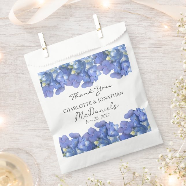 Blue Hydrangea Petals Wedding Personalised Names Favour Bags (Clipped)