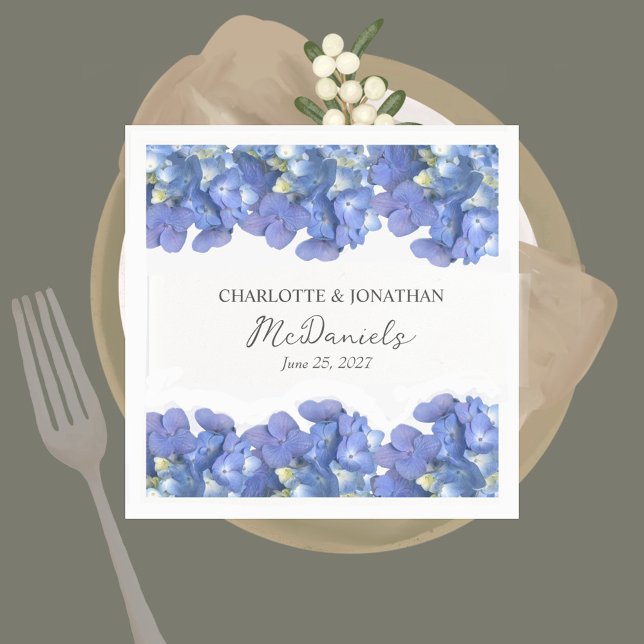 Blue Hydrangea Petals Wedding Personalised Names Napkin (Creator Uploaded)