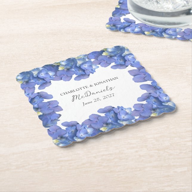 Blue Hydrangea Petals Wedding Personalised Names Paper Coaster (Angled)