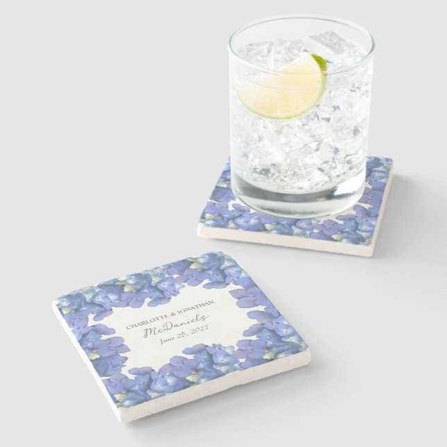 Blue Hydrangea Petals Wedding Personalised Names Stone Coaster (Side)