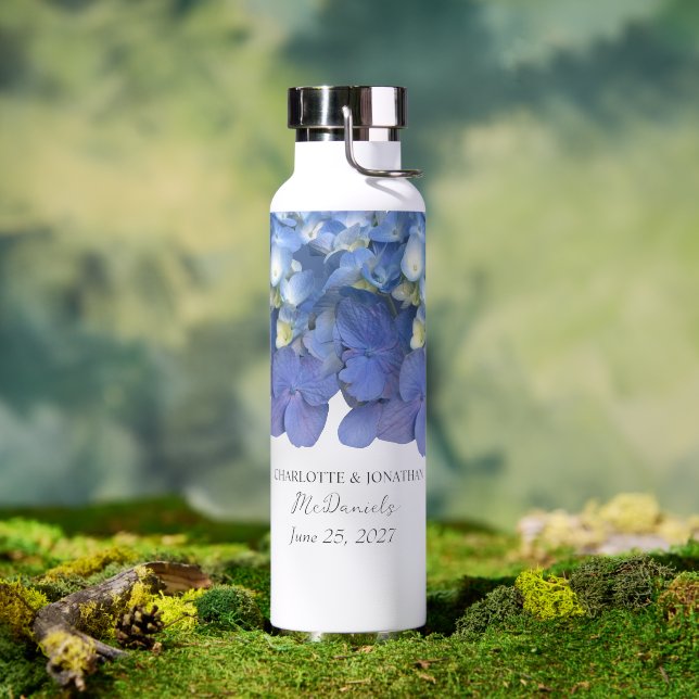 Blue Hydrangea Petals Wedding Personalised Names Water Bottle (Outdoor (Rotated))