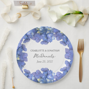 Blue Hydrangea Petals Wedding Personalized Names Paper Plate
