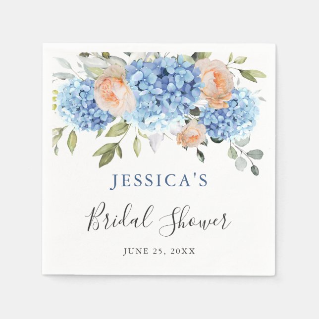 Blue Hydrangea Pink Blush Roses Bridal Shower Napkin (Front)