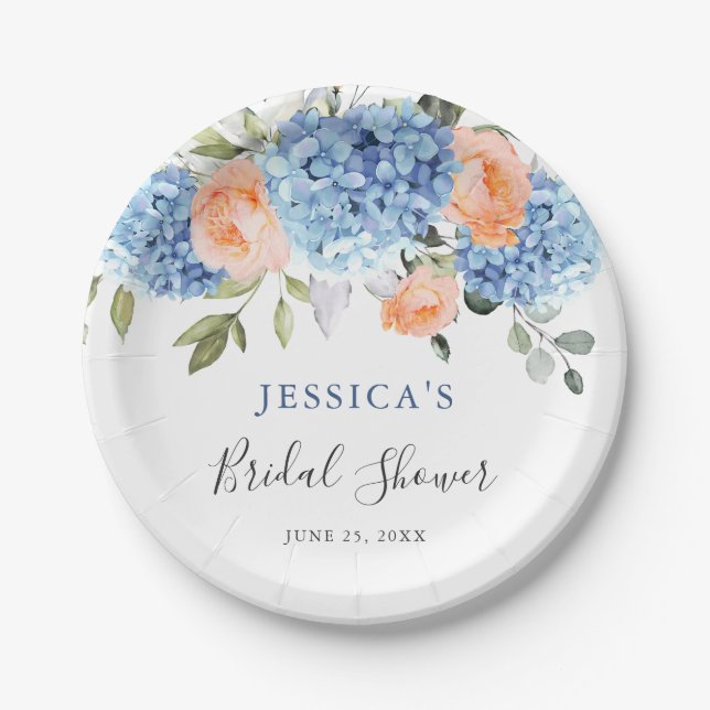 Blue Hydrangea Pink Blush Roses Bridal Shower Paper Plate (Front)