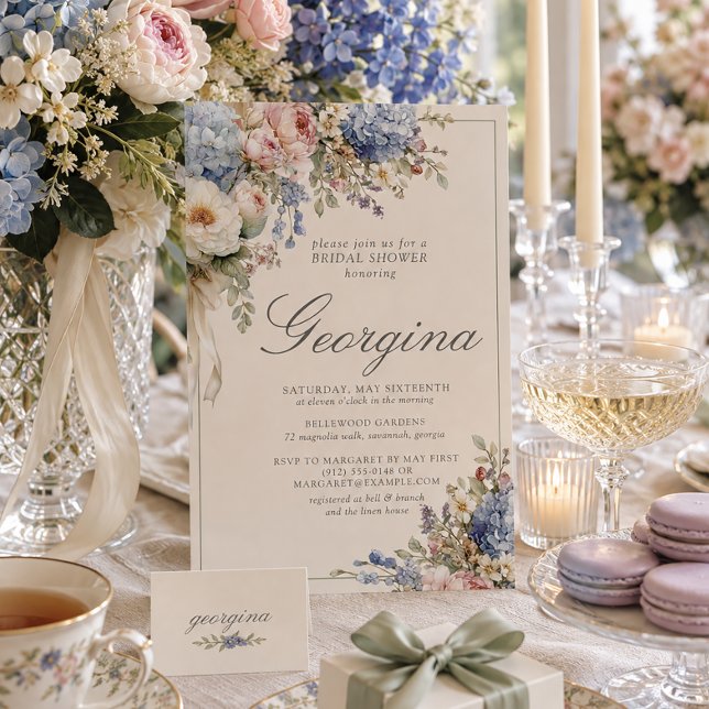 Blue Hydrangea Pink Floral Bridal Shower Invitation (Creator Uploaded)