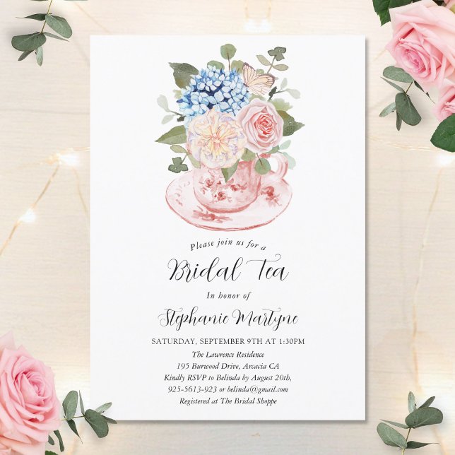 Blue Hydrangea Pink Floral Bridal Tea Shower Invitation (Creator Uploaded)