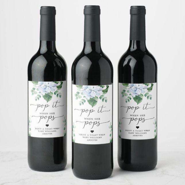 Blue Hydrangea Pop It When She Pops Favour Tag Wine Label (Bottles)