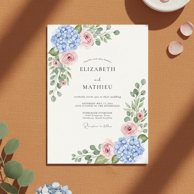 Blue Hydrangea Rose Botanical Wedding Invitation (Creator Uploaded)