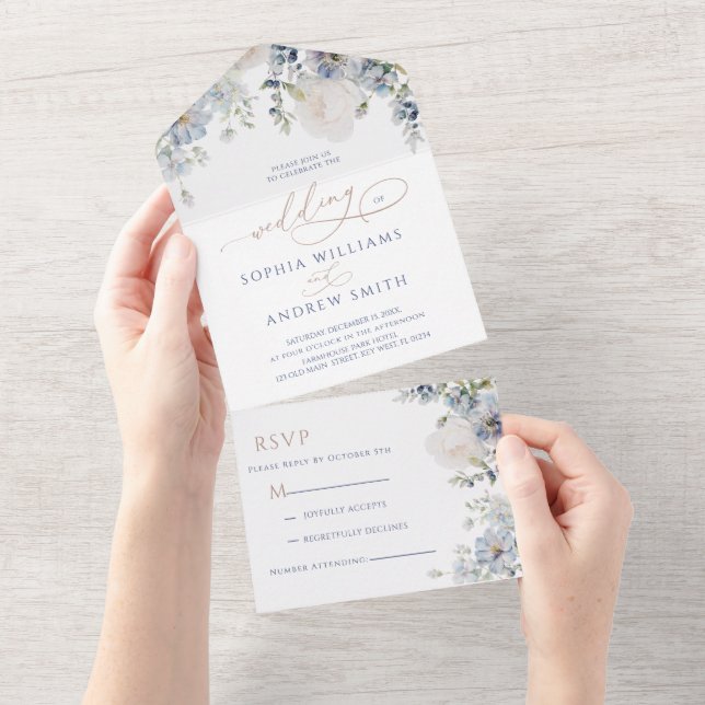 Blue Hydrangea & Rose Wedding  All In One Invitation (Tearaway)