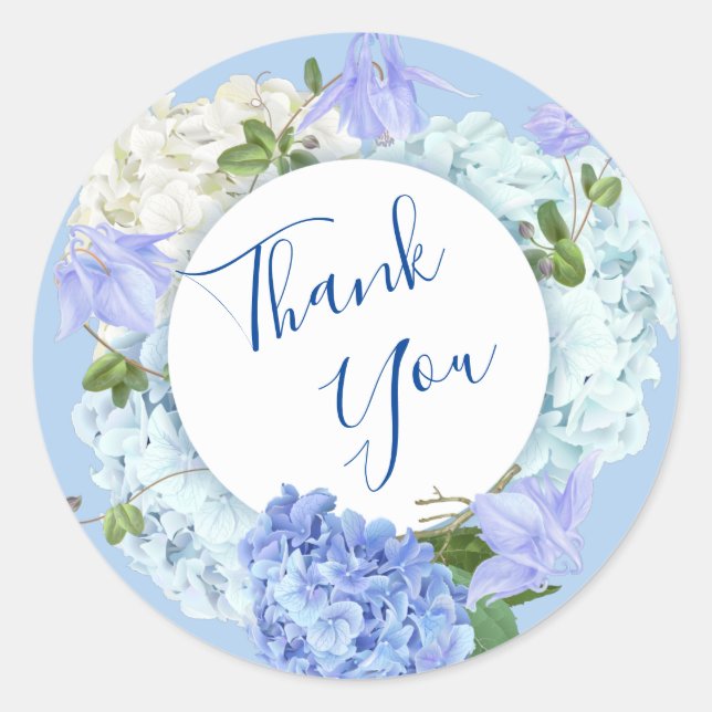 Blue Hydrangea Roses Greenery  Floral Thank You Classic Round Sticker (Front)