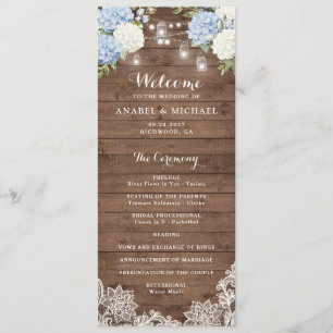 Blue Hydrangea Rustic Wood String Light Wedding Programme