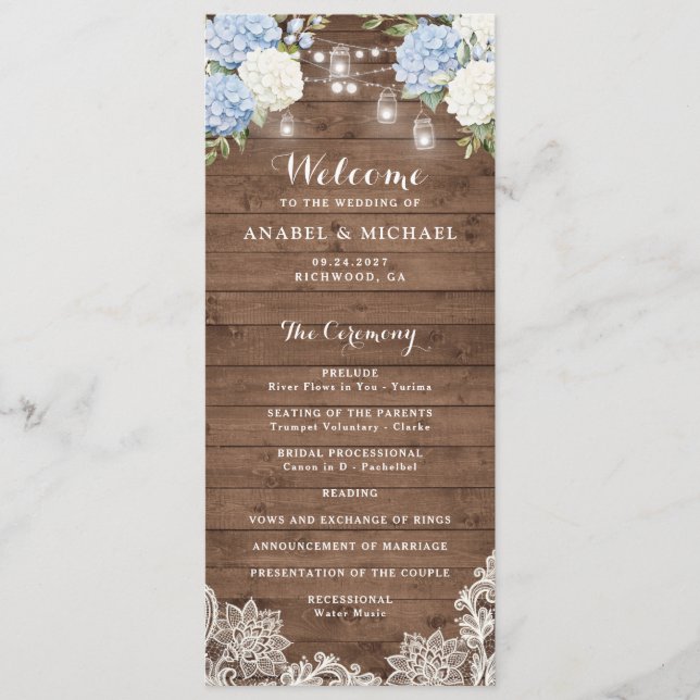 Blue Hydrangea Rustic Wood String Light Wedding Programme (Front)