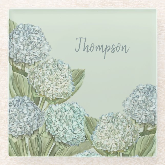 Blue Hydrangea/ Sage Green Glass Coaster (Front)