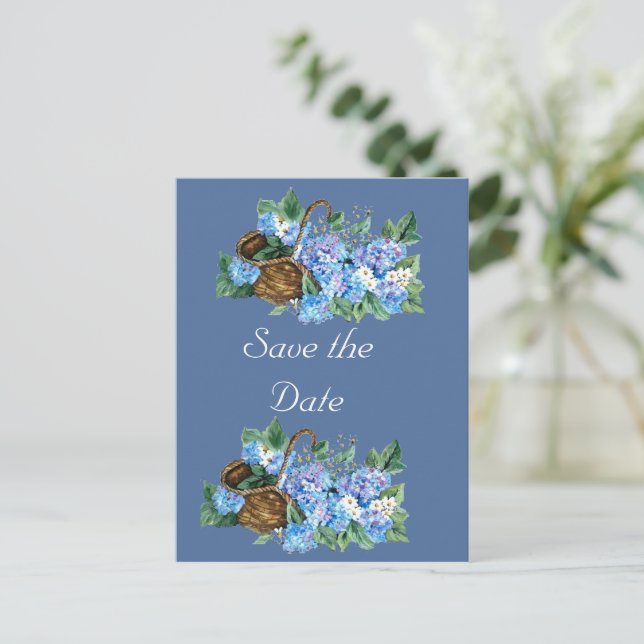 BLUE HYDRANGEA save the date Announcement Postcard (Standing Front)
