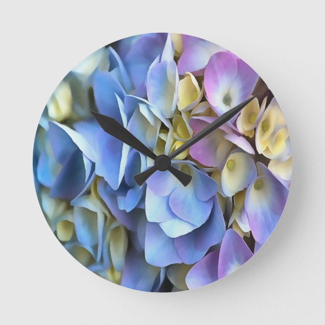 Blue Hydrangea Shrub Artistic Bossom Round Clock (Front)