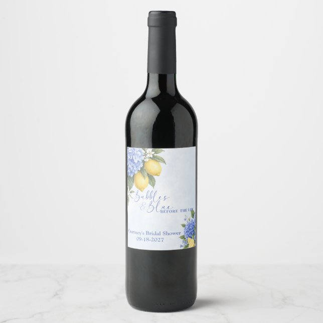 Blue Hydrangea Something Blue Bridal Shower Wine Label (Front)