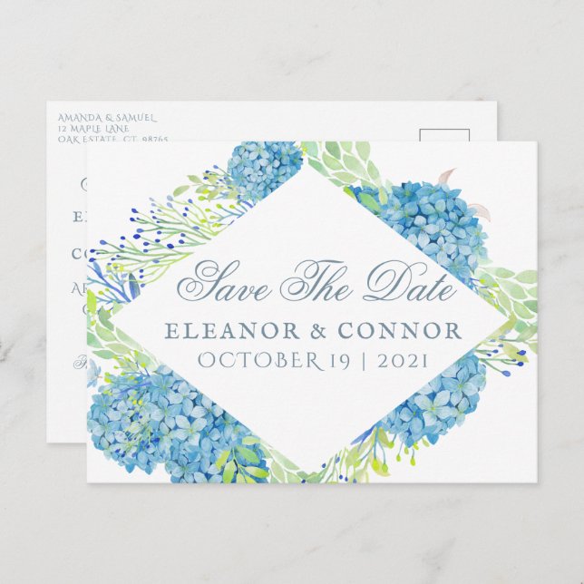 Blue Hydrangea Sophisticated Wedding Announcement Postcard (Front/Back)
