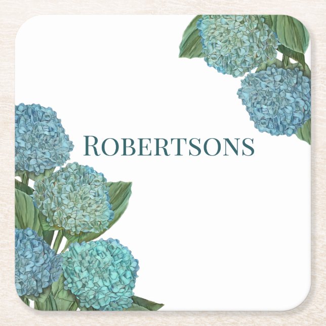 Blue Hydrangea Square Paper Coaster (Front)