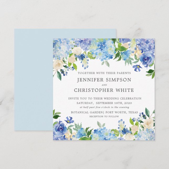 Blue Hydrangea Square Wedding Invitation Cards (Front/Back)