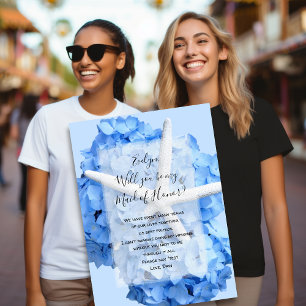 Blue Hydrangea Starfish Be My Bridesmaid Card 