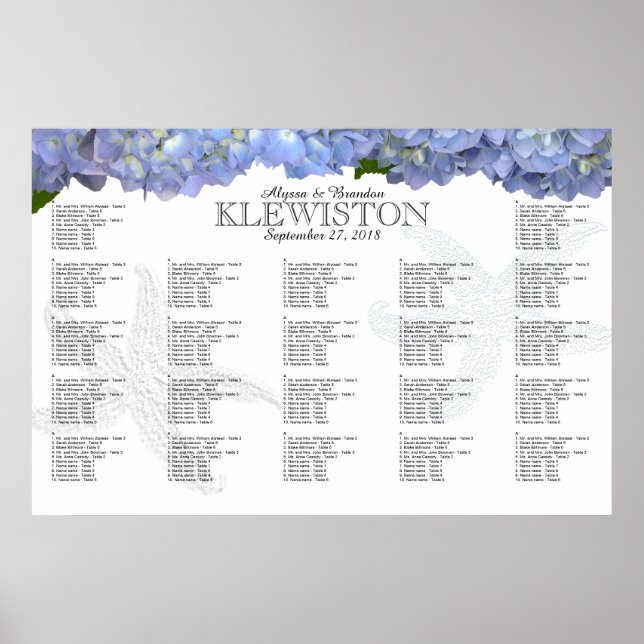 Blue Hydrangea Starfish Seating Chart (Front)