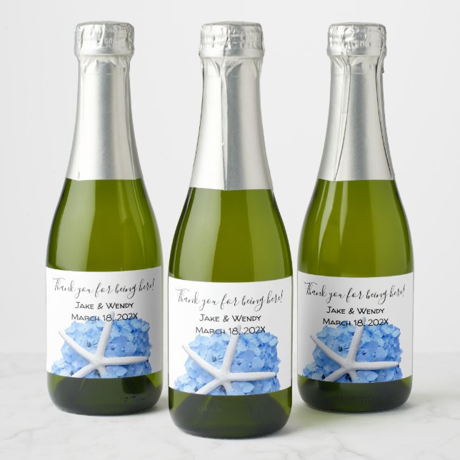 Blue Hydrangea Starfish Thank Guests Sparkling Wine Label (Bottles)