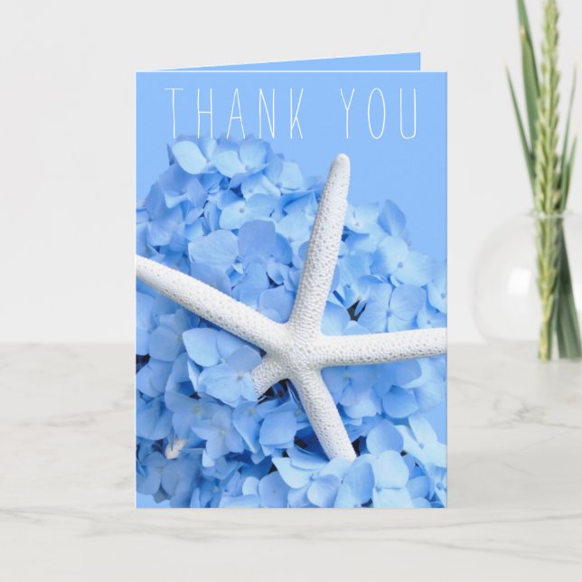 Blue Hydrangea Starfish Thank You Bridal Party Card (Front)