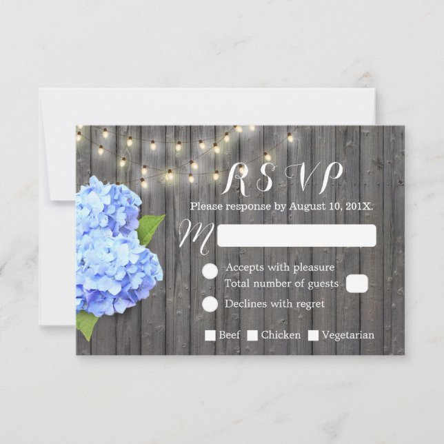 Blue Hydrangea & String Lights Barn Wood RSVP (Front)