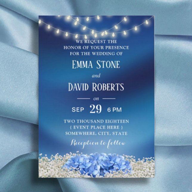 Blue Hydrangea & String Lights Navy Blue Wedding Invitation (Creator Uploaded)
