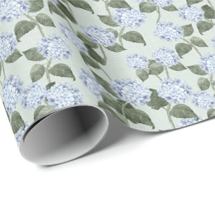 Blue Hydrangea Summer Garden Linen Texture Wrapping Paper