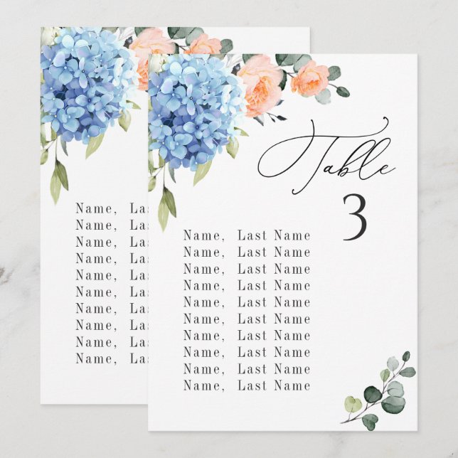 Blue Hydrangea Table Number Seating Chart Cards (Front/Back)