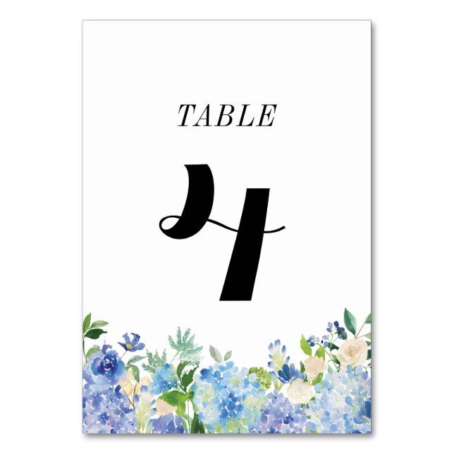 Blue Hydrangea Table Numbers Card - Table Four (Front)