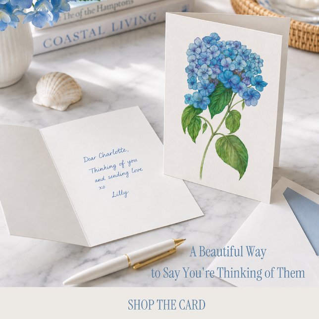 Blue Hydrangea Thinking of You Card (Elegant blue hydrangea greeting card in coastal lifestyle scene, perfect for thoughtful notes.)