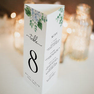 Blue Hydrangea Tri-Fold Wedding Menu Table Number