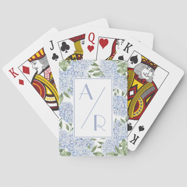 Blue Hydrangea Two Initial Monogram Custom Playing Cards (Back)