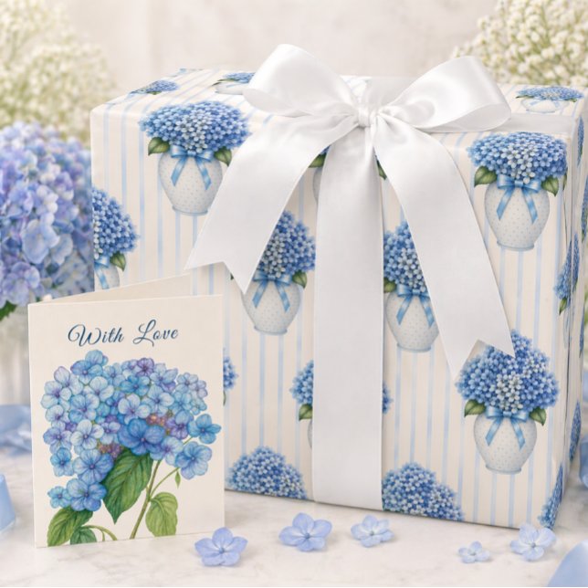 Blue Hydrangea Vase Coastal Wrapping Paper (Create a beautiful gift with hydrangea wrap and matching card—shop the complete look today)